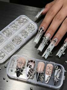 1box Punk Alloy Perforated Rivets Nail Charms Silver Metal Studs Five-Pointed Star Pin Gothic Nail Art 3D Punk Cone Spikes Nail Rivets Decorations - Multicolor - View 2