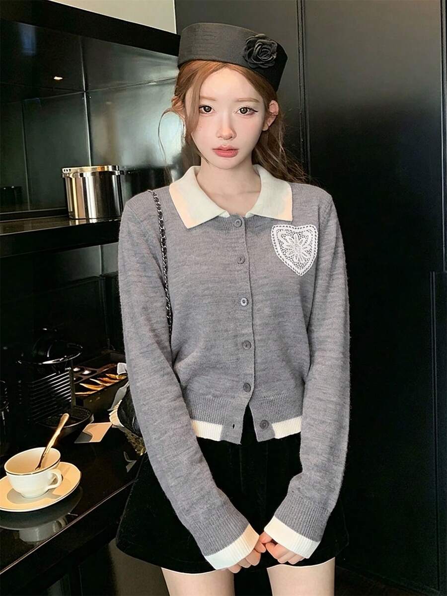 Autumn/Winter New Korean Style Sweet Casual Knit Cardigan For Women, Gentle Style Contrast Color Lapel Lace Heart Cardigan, Preppy Slimming Long Sleeve Jacket, Versatile For Daily Commute - Grey - View 1