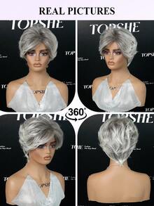 Wig Campuran Rambut Manusia Pendek Bervolume Potongan Pixie Abu-abu Garam dan Merica Tanpa Lem, Poni Samping yang Sudah Ditata, Penutup Kepala Bernapas untuk Wanita Dewasa, Pemakaian Sehari-hari - MultiWarna - View 5