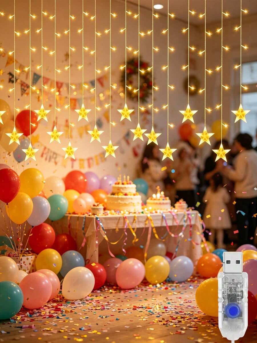 1pc Star-Shaped Waterfall Curtain Light, Star-Shaped LED String Lights, USB Powered, 8 Lighting Modes, Suitable For Home, Window, Wedding, Party, Christmas, Patio, Garden, Wall Decoration, Christmas Window Decor, Room Decoration Light