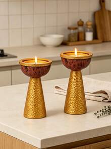 1 Piece Classic Tall Column Candle Holder, Handcrafted Textured Candlestick Ornament For Indoor Home Party Holiday Arrangement - Gold Pedestal Candle Holder - View 1
