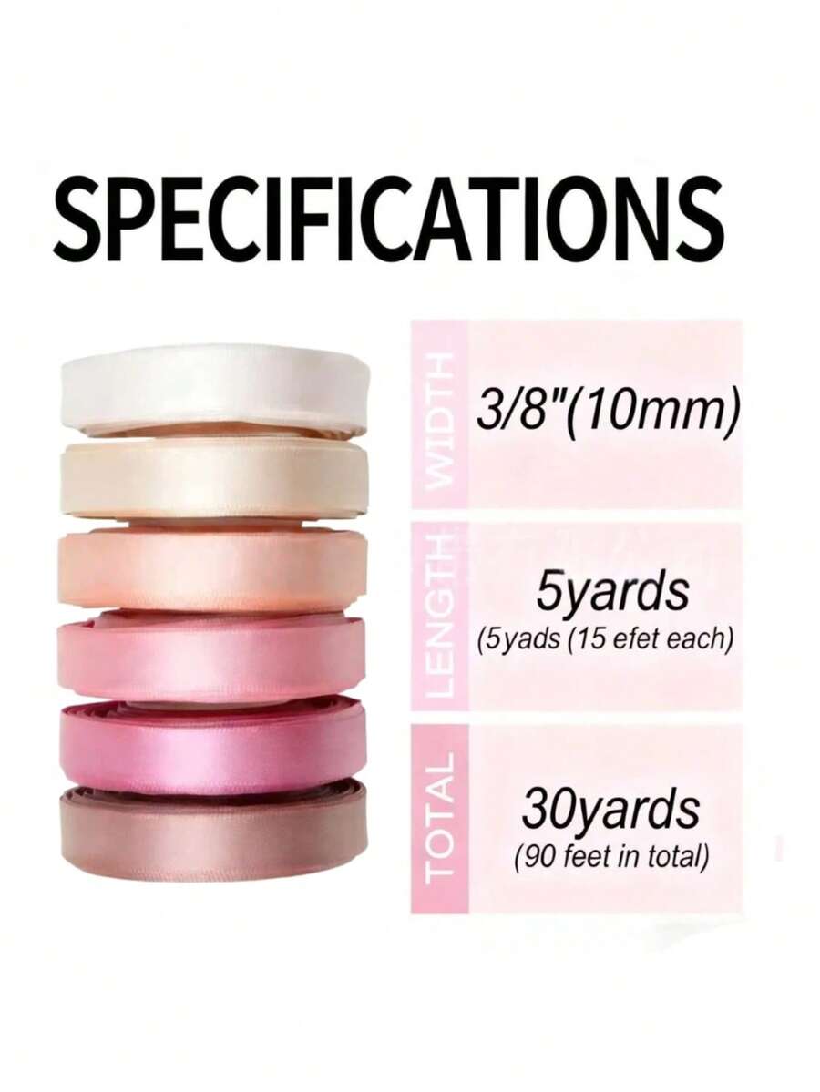 10mm/25mm Double-Faced Ribbon Set, 6 Rolls Of 30 Yards, Includes Cream, Champagne, Apricot, Light Pink, Deep Pink And Purple Ribbons, Suitable For Gift Wrapping, Wedding Bouquets, Bow Making, Party Decoration And Hair Styling - Pink Ribbon Set - View 1