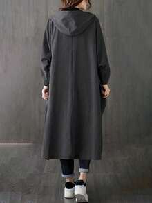 Women's Spring/Summer Artistic Chinese Style Oversized Lightweight Fabric Sheer Ultra-Thin Long Trench Coat With Large Pockets, Fashionable Button Front, Hooded Casual Versatile Jacket - Dark Grey - View 4