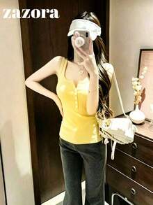 韓式性感U領鈕扣針織背心 女款休閒四季款 - 黃色 - 查看 7