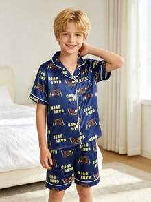 Tween Boy Blue Game Console Patterned Collar Short Sleeve Single-Breasted Shirt And Shorts Casual Pajama 2-Piece Set - Champagne - View 6