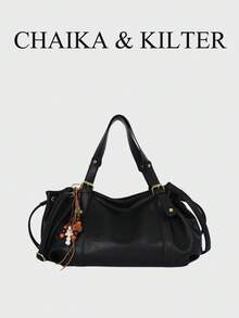 1pc Solid Color PU Fabric Women's Fashion Large Capacity Shoulder Tote Bag, Cloud Pleated Design, Dual Handle Drawstring Closure, Rivet Decoration, Suitable For Daily Shopping And Commuting (Pendant Included) - Black - View 2