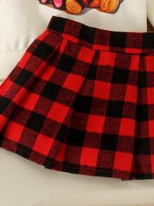 2pcs Baby Girl Cute Bear Pattern Red & Black Plaid Peter Pan Collar Long Sleeve Sweatshirt And Skirt Set, Lightweight, Autumn/Winter Holiday - Multicolor - View 8