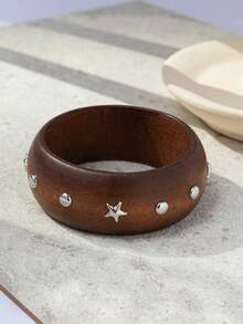 1pc Vintage Fashion Versatile Exaggerated Design Geometric Wide Wooden Bracelet For Women, Suitable For Daily Wear (Random Cut Pattern) - Multicolor - View 15