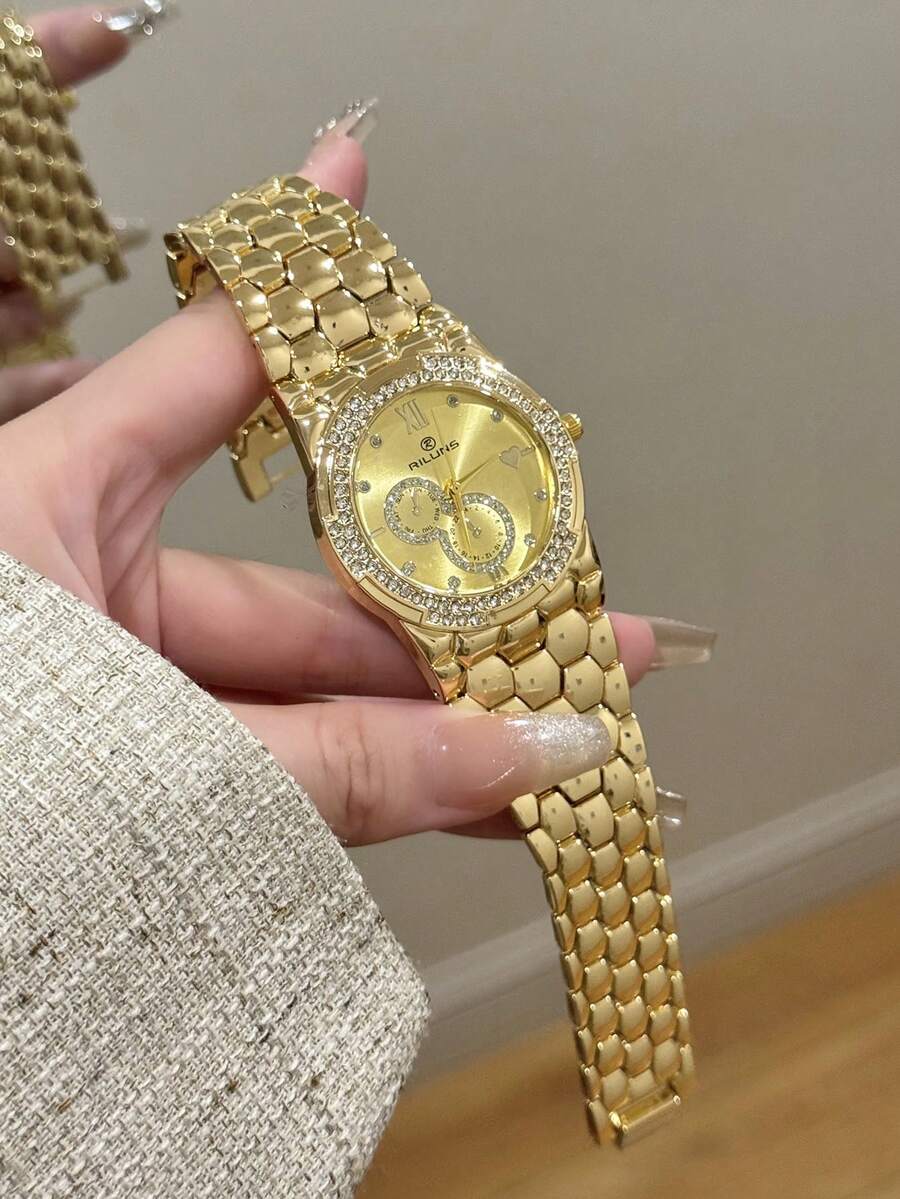 1件女款優雅金色石英腕錶,寬錶帶,大金色錶盤,混合時標,完美假期禮物 - 金色 - 查看 1