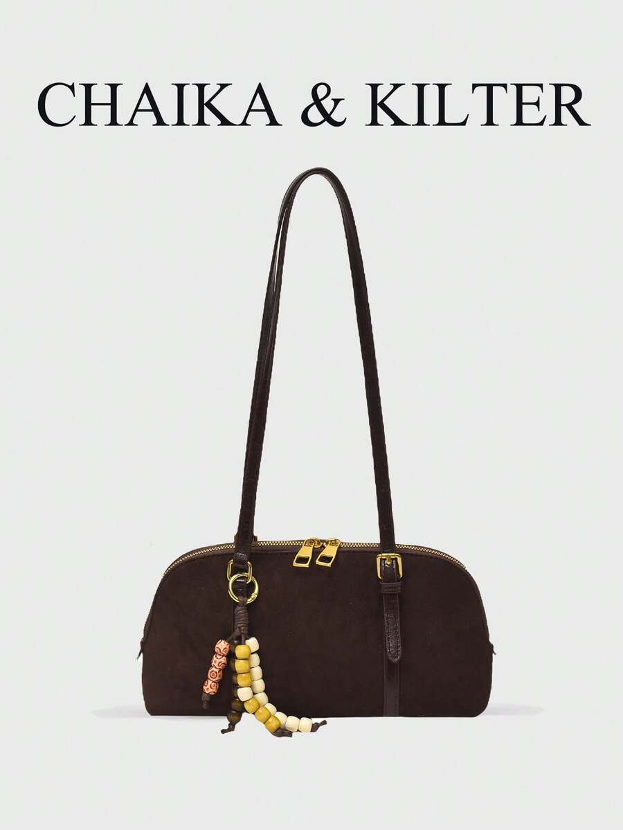 CHAIKA & KILTER 1件純色麂皮布料單肩包，女款復古時尚啞光貝殼包，對比色絎縫線條，雙手柄設計，拉鍊開合，適合日常與街頭使用（附吊飾）