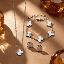 Silver Textured Four-Leaf Clover 4pcs Set Stainless Steel Necklace Bracelet Earrings Luxury Lucky Clover Women's Jewelry Suitable For Holiday And Daily Wear - Silver - View 8