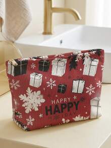 1Pc Double-Sided Christmas Gift Pattern Corduroy Zipper Cosmetic Bag,Toilet Bag,Lined Large Capacity Organizer For Travel,School & Student Daily Use - Multicolor - View 6