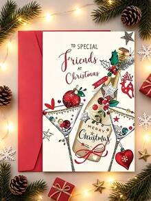 Christmas Greeting Card For Special Friends, Holiday Champagne Cocktail Christmas Card With Holly, Decorative Balls, Reindeer And Star Decorations, Holiday Handwritten Note Card, Christmas Gift For Wine Lovers And Good Friends, With Red Envelope - Multicolor - View 1