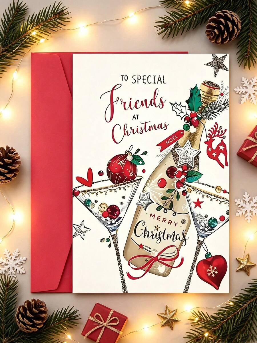 Christmas Greeting Card For Special Friends, Holiday Champagne Cocktail Christmas Card With Holly, Decorative Balls, Reindeer And Star Decorations, Holiday Handwritten Note Card, Christmas Gift For Wine Lovers And Good Friends, With Red Envelope - Multicolor - View 1