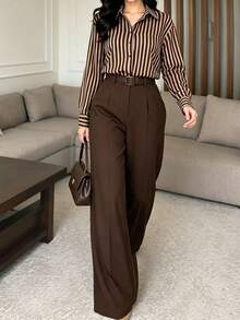 Women's Solid Color Casual Versatile Wide Leg Pants For Daily Wear - Brown - View 1