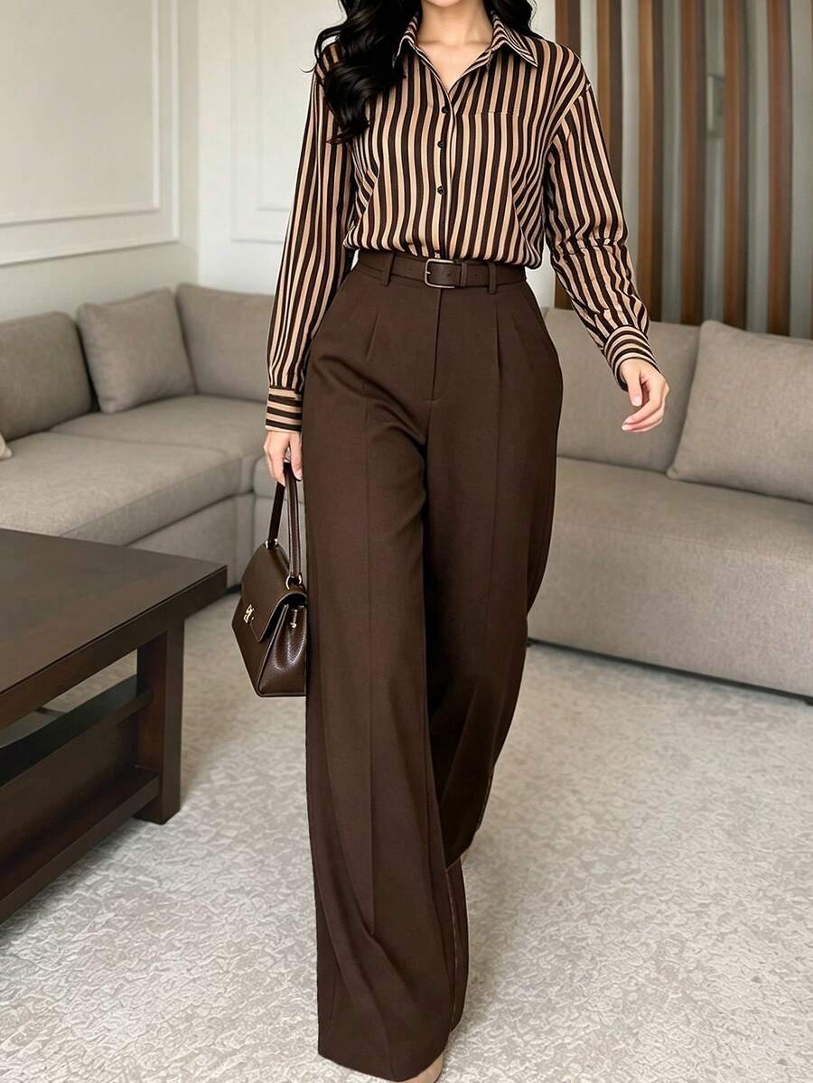 Women's Solid Color Casual Versatile Wide Leg Pants For Daily Wear - Brown - View 1