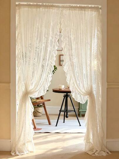 1pc White Small Floral Lace Ruffle Sheer Curtain Valance, Short Curtain, Coffee Curtain, Vintage Pastoral Romantic Style, Semi-Transparent, Polyester Fiber Material, Suitable For Bedroom, Room, Living Room, Kitchen, Office, Cafe And Home Decor (Tie-Backs Not Included)