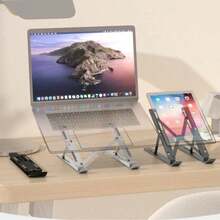 1pc Silver Laptop Stand, Foldable Height Adjustable Laptop Holder For Desktop, Portable For Travel, Universal Desktop Laptop Stand, Relieves Neck Pressure, Hollow Ventilation, No Obstruction To Bottom Heat Dissipation, Handheld Storage, Minimalist Design, Thickened Bracket, Universal Portable Storage Adjustable Tablet Stand, Suitable For All Laptops (Approx. 25.3cm) - Multicolor - View 3