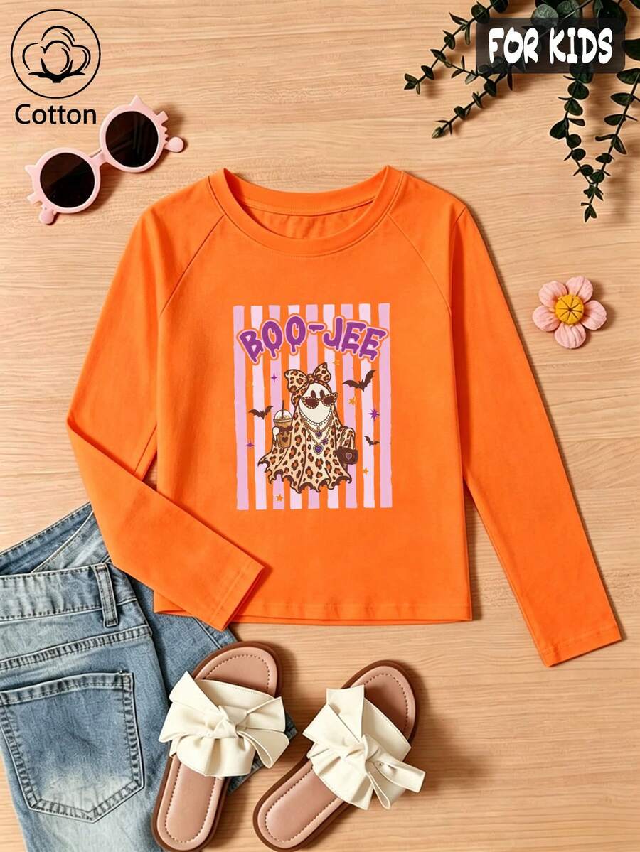 Halloween Girls Cotton Raglan Long Sleeve Tee, Cartoon Leopard Print Top, Cute Sweet Preppy Style - Orange - View 1