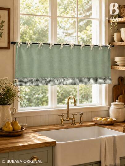 Sage Green Farmhouse Kitchen Valance Curtain With Lace Tie Top & Gingham Ruffle, Rustic Cottage Window Treatment For Kitchen, Cafe, Dining Room