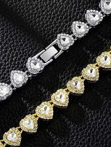 2pcs Heart-Shaped Rhinestone Tennis Chain Set, Heart-Shaped Rhinestone Necklace + Bracelet, Gold Hip-Hop Style Accessories, Niche Unisex Jewelry - Heart Necklace Set - View 3