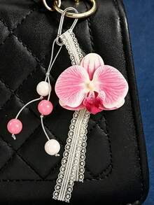 1Pc Elegant Floral Keychain, Artificial Orchid Beaded Lace Tassel Bag Charm, Delicate Metal Clasp Ornament Ideal Gift - Multicolor - View 1