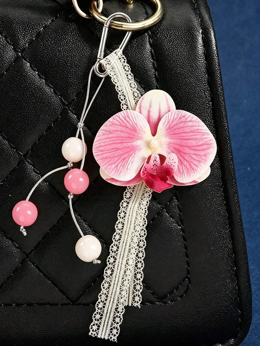 1Pc Elegant Floral Keychain, Artificial Orchid Beaded Lace Tassel Bag Charm, Delicate Metal Clasp Ornament Ideal Gift - Multicolor - View 1