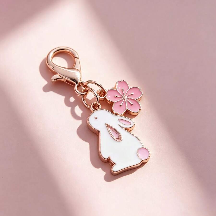 1/2pcs Japanese Style Fresh Cute Rabbit Sakura Keychain - Rose Gold Enamel Rabbit & Sakura Pendant, Mini Charm Suitable For Bags/Backpacks/Keys, Girly Cute Accessory - Multicolor - View 1