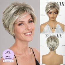 Wig Campuran Rambut Manusia Pendek Bervolume Potongan Pixie Abu-abu Garam dan Merica Tanpa Lem, Poni Samping yang Sudah Ditata, Penutup Kepala Bernapas untuk Wanita Dewasa, Pemakaian Sehari-hari - MultiWarna - View 3