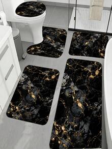 3/5pcs Black & Gold Marble Pattern Modern Luxury Bathroom Rug Set, Soft Absorbent Non-Slip Wear-Resistant Bathroom Accessories, Flannel + Sponge + Polyester Fabric Quick-Dry Carpet, Machine Washable Easy To Clean, Includes Toilet Lid Cover, U-Shaped Toilet Mat And 3 Rectangular Non-Slip Rugs, Lightweight Quick-Dry Bathroom Rug Set, Suitable For Bathroom, Toilet, Laundry Room And Housewarming Gift, Halloween Gift, Autumn Gift - Black - View 3
