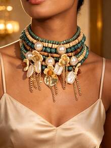 1pc Vintage Wooden Bead Faux Stone Faux Pearl Flower Tassel Metal Pendant Multi-Layer Stacked Necklace, Women's Party Vacation Accessory - X-819 - View 1