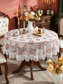 HXARTMIS 1pc Lace Embroidered Trim Round/Rectangular Tablecloth, Elegant Floral Embroidery Table Cover, Vintage Tulle Mesh With Lace Trim, Suitable For Home, Wedding, Living Room, Kitchen And Other Decor - White Powder - View 13