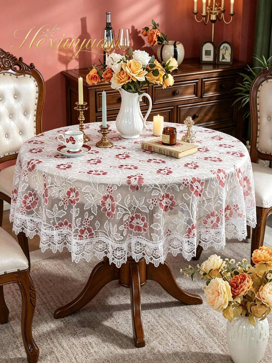 HXARTMIS 1pc Lace Embroidered Trim Round/Rectangular Tablecloth, Elegant Floral Embroidery Table Cover, Vintage Tulle Mesh With Lace Trim, Suitable For Home, Wedding, Living Room, Kitchen And Other Decor