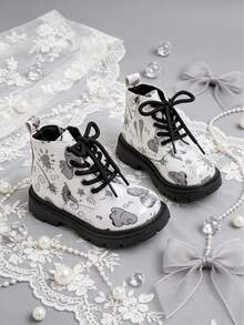 1 Pair Children's Sweet & Cool Cartoon Pattern Boots Lace-Up Style, Suitable For Daily Casual, School Attendance, Autumn/Winter - Grey - View 6