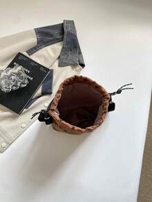 新款燈芯絨波點抽繩水桶包，燈芯絨女款斜挎包，時尚女款單肩包 - 棕色 - 查看 9