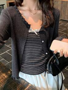 Spring/Autumn Frill Trim Knit Cardigan & Striped Camisole 2 Pieces Set, Slimming Layered Outfit For Women, Versatile Style - Dark Grey - View 3