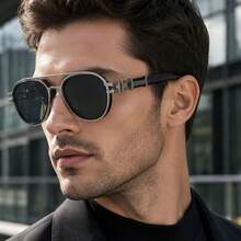 European & American Retro Sunglasses For Men, Silver-Grey Metal Frame, Dark Grey Lenses, Small Round Frame Design, Black Temples With Silver Layered Decoration, Light Luxury High-End Feel, Cafe, Daily Streetwear - Multicolor - View 4