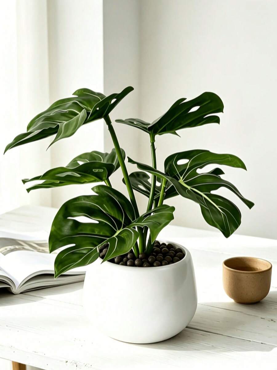 Cây cảnh giả trồng chậu Monstera màu xanh, chậu cây mini giả, cỏ giả trồng chậu, phụ kiện trang trí nhà cửa, cây giả nhỏ trang trí nhà, hoa giả trang trí đám cưới - Nhiều màu - Xem 1