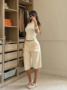 Solid Color Suit Fabric Pleated Decor Casual Mid-Length Pants - Apricot - View 5