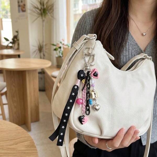 Y2K Black & Pink Heart Star Keychain, Sweet & Cool Style Woven Strap Chain Bag Charm, Personalized Backpack Pendant, Fashionable Versatile Creative Accessory