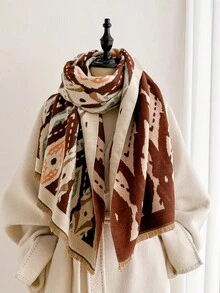 1pc Vintage Rhombus Ikat Pattern 65*180cm Shawl, Heavy Brushed Polyester Imitation Cashmere, Fall Winter Multi-Use Wrap For Trip Gathering - Multicolor - View 10