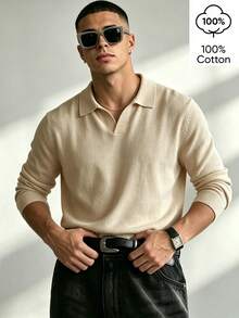 WAIT HIM Sweater Polo Kerah Polo Warna Polos Kasual Pria 100% Katun Ramah Kulit - Aprikot - View 3