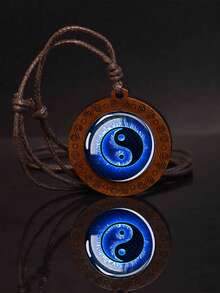 1PC Yin Yang Symbol Wooden Pendant Necklace, Adjustable Rope Chain Amulet Jewelry For Men Spiritual Party Daily Wear - Brown - View 10