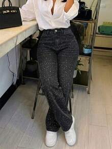女款復古寬鬆直筒牛仔褲 - 黑色 - 查看 2