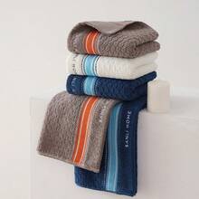 4pcs Navy Blue/White/Brown Striped 3D Waffle Embroidered 100% Pure Cotton Bath Towel And Hand Towel Set, Minimalist Soft Skin-Friendly High Absorbency Quick Drying, Suitable For Home/Hotel/Travel/Gym/Bathroom - Navy Blue - View 8