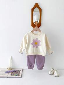 Miniweenns 2pcs/Set Baby Girl Casual Colorblock Large Floral Print Long Sleeve Sweatshirt Set, Autumn - Multicolor - View 3