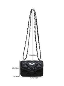 Fashionable Bow Element Shoulder Bag, Minimalist Versatile Sweet Small Square Bag With Quilted Design And Chain Crossbody Strap - Black - View 3