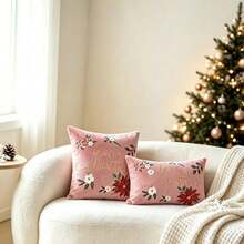 LCUHPCL 1pc Luxury Floral Merry Christmas 3D Embroidered Pillowcase, Suitable For Bedroom, Living Room, Sofa, Daily Use, Party And Various Environments - Pink - View 2