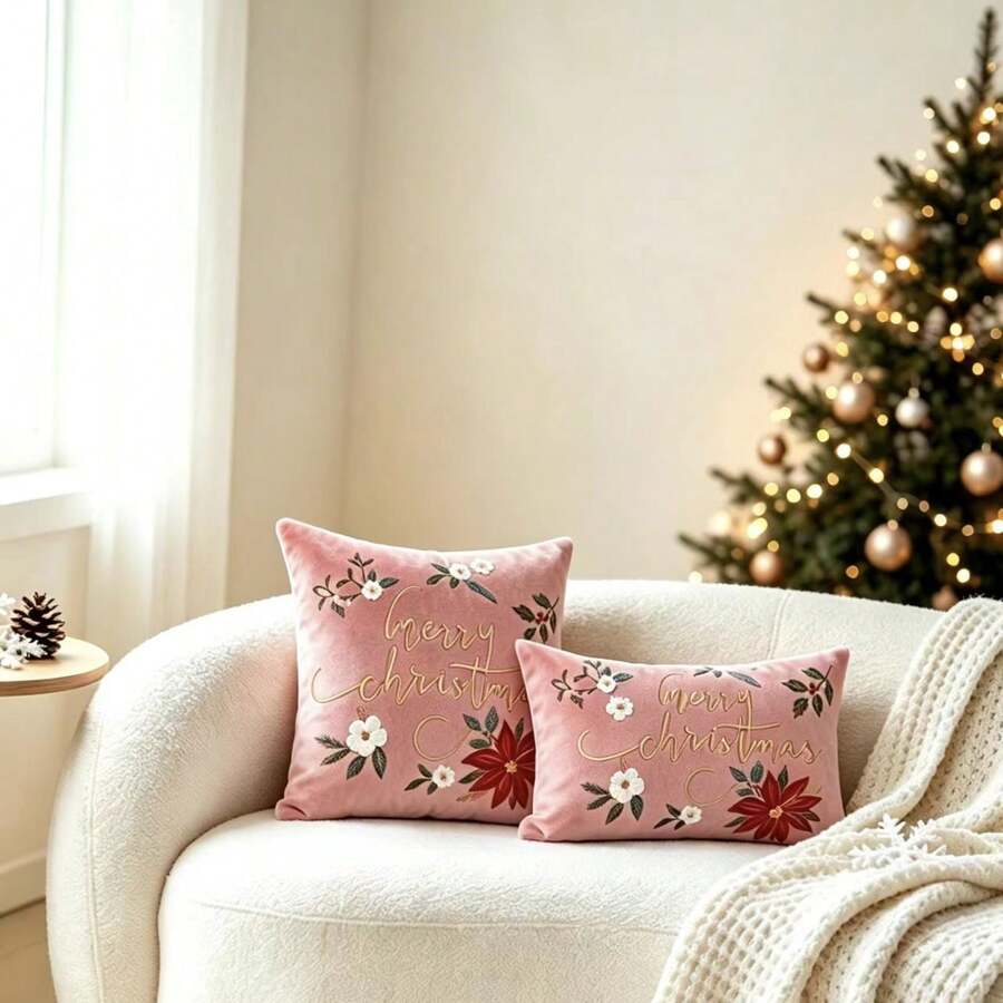 LCUHPCL 1pc Luxury Floral Merry Christmas 3D Embroidered Pillowcase, Suitable For Bedroom, Living Room, Sofa, Daily Use, Party And Various Environments