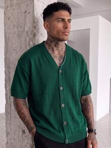 Men's Casual Loose Solid Color Knit Cardigan, Elegant Texture Slouchy High Street V-Neck Button Front Short Sleeve Sweater Jacket, Spring/Summer - Green - View 1